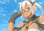  1girl adjusting_glasses between_breasts black_gloves blue_sky breasts brown_eyes bust clouds dark_skin glasses gloves headgear kantai_collection large_breasts looking_at_viewer musashi_(kantai_collection) sarashi semi-rimless_glasses short_hair sky smile solo twintails under-rim_glasses vent_arbre white_hair 