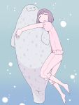  1girl animal barefoot closed_eyes highres hug kari_(kakko_k) original pajamas purple_hair seal short_hair spotted_seal underwater 