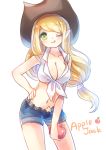  1girl apple applejack bangs belt blonde_hair breasts character_name cleavage collarbone cowboy_hat cowboy_shot denim denim_shorts emia_wang food front-tie_top fruit green_eyes hand_on_hip hat holding holding_fruit leaning_forward long_hair looking_at_viewer low-tied_long_hair midriff my_little_pony my_little_pony_friendship_is_magic navel one_eye_closed payot personification pointy_ears shiny shiny_hair shiny_skin short_shorts shorts simple_background sleeveless sleeves_rolled_up smile solo standing star swept_bangs tagme tareme tied_shirt tongue tongue_out white_background 