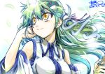  1girl bare_shoulders blush detached_sleeves green_hair hair_ornament hair_tubes kochiya_sanae long_hair snake solo takana_shinno touhou wind yellow_eyes 