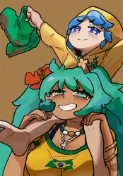  2girls barefoot blue_eyes blue_hair blush boots bracelet brazilian_flag_print brazilian_miku cross cross_necklace crossover dark-skinned_female dark_skin dirty_footwear flower green_eyes green_hair hair_flower hair_ornament hatsune_miku highres jewelry jubilee long_hair luce_(jubilee_2025) multiple_girls necklace rosary rubber_boots smile symbol-shaped_pupils syunyng11 tan vocaloid yellow_raincoat 