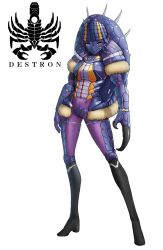 1girl armadillo_shell blue_eyes blue_skin bodysuit claws closed_mouth colored_skin commentary eidenjyou1997 english_commentary full_body fur_trim garmadillon genderswap genderswap_(mtf) highres kamen_rider kamen_rider_v3_(series) logo looking_at_viewer monster_girl purple_bodysuit simple_background smile solo spiked_shell spikes standing white_background yellow_pupils
