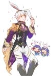  1girl 2boys absurdres animal_ears blood blue_hair blush bunny_tail chibi father_and_daughter fire_emblem fire_emblem:_kakusei fire_emblem_heroes formal gloves highres krom long_hair lucina male_focus male_my_unit_(fire_emblem:_kakusei) multiple_boys my_unit_(fire_emblem:_kakusei) necktie nosebleed rabbit_ears short_hair smile suit tail white_background white_hair yellow_eyes 