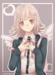  1girl backpack bag blush dangan_ronpa flipped_hair hair_ornament hairclip hands_on_own_chest heart hoodie nanami_chiaki pink_eyes pink_hair short_hair smile solo super_dangan_ronpa_2 wings 