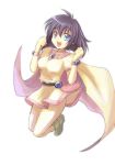  1girl amelia_wil_tesla_seyruun belt blue_eyes breasts cape jewelry jumping looking_at_viewer open_mouth pentagram purple_hair short_hair simple_background slayers solo white_background 