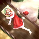  1girl animal_ears bare_legs barefoot bow cat_ears cat_tail chen footwear_removed hat jewelry lying multiple_tails nail_polish on_side pillow shirt single_earring skirt sleeping tail toenail_polish touhou two_tails vest 