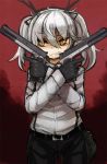  1girl antlers denim dragon_girl dragon_tail dual_wielding gloves glowing glowing_eyes grey_hair grin gun handgun jeans m1911 noconol orange_eyes original pants sharp_teeth slit_pupils smile smirk solo suspenders tail twintails weapon 