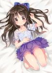  1girl barefoot blush bow brown_eyes hair_bow idolmaster idolmaster_cinderella_girls long_hair lying melompan on_back skirt smile solo tachibana_arisu 