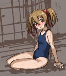  1girl arm_support bare_shoulders blush brown_hair dated embarrassed hair_ribbon red_eyes ribbon rohitsuka school_swimsuit shiny shiny_hair silica sitting sketch solo swimsuit sword_art_online twintails 