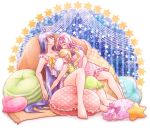  3girls antenna_hair between_breasts blazblue blazblue_remix_heart blonde_hair blue_hair breasts cajun_faycott closed_eyes drooling hairband head_between_breasts large_breasts long_hair mai_natsume multiple_girls nightgown nunun pillow pink_hair ponytail scrunchie shiori_kirihito sleeping sleeping_on_person sleeping_upright 