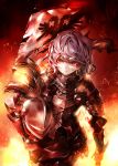  1girl alternate_costume armor black_gloves fingerless_gloves fire flag gloves headwear_removed helmet helmet_removed highres knight kozou_(soumuden) looking_at_viewer red_eyes remilia_scarlet silver_hair solo touhou 