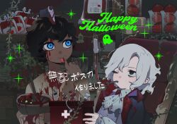  2boys ascot axe_in_head bags_under_eyes black_eyes black_hair blood blood_bag blood_on_clothes blood_on_face blue_eyes bowl cape curly_hair dark-skinned_male dark_skin drinking drinking_blood dungeon_meshi elf english_text gapamopa grey_hair happy_halloween highres holding holding_bowl kabru licking_own_finger male_focus mithrun multiple_boys notched_ear official_alternate_costume on_chair one_eye_closed pointy_ears shirt short_hair tongue tongue_out torn_clothes vampire 
