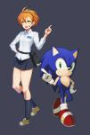  1girl blonde_hair defiaz_(infinity) full_body grey_background hand_on_hip headset hoshizora_rin looking_at_viewer love_live!_school_idol_project pointing pointing_up sega short_hair simple_background skirt smile sonic sonic_the_hedgehog standing white_background yellow_eyes 