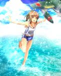  1girl airplane brown_hair clouds highres i-401_(kantai_collection) kantai_collection ocean running school_swimsuit sea_spray solo swimsuit water 