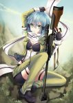  1girl absurdres anti-materiel_rifle aqua_hair breasts cleavage fingerless_gloves gloves green_eyes gun highres rifle scarf shinon_(sao) short_hair short_shorts shorts sniper_rifle sniper_scope sword_art_online weapon yoneyu 