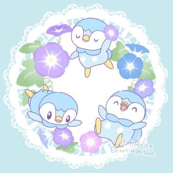  animal_focus asakoline bird blue_eyes blue_flower bright_pupils closed_eyes closed_mouth flower happy no_humans penguin piplup pokemon pokemon_(creature) purple_flower smile white_pupils 