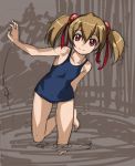  1girl bare_shoulders brown_hair collarbone hair_ribbon leg_up looking_at_viewer red_eyes ribbon rohitsuka school_swimsuit shiny shiny_hair silica sketch smile solo swimsuit sword_art_online twintails wading water 