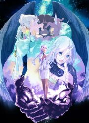  1boy 2girls bando_yukiji braid breasts city_dopant fuuto_tantei gaia_memory hair_rings kamen_rider kamen_rider_w large_breasts long_hair long_sleeves looking_at_viewer multicolored_hair multiple_girls official_art purple_hair sato_masaki_(masayakofu) shirt skirt suit tokime_(fuuto_tantei) towa_(fuuto_tantei) violet_eyes 