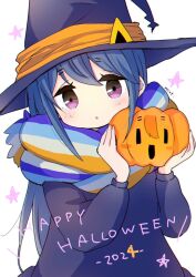  1girl blue_hair dress halloween halloween_costume happy_halloween hat highres holding jack-o&#039;-lantern long_hair long_sleeves looking_at_viewer mint_(mintlemonade3) open_mouth pumpkin scarf shima_rin solo violet_eyes witch witch_hat yurucamp 