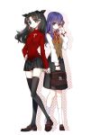  2girls bag black_hair black_legwear blue_eyes bookbag fate/stay_night fate_(series) hair_ribbon long_hair matou_sakura multiple_girls purple_hair ribbon school_uniform siblings sisters sptuel tohsaka_rin toosaka_rin turtleneck violet_eyes 