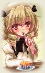  1girl blonde_hair blush bow drill_hair eating fork hat luna_child open_mouth red_eyes short_hair sketch solo sweets touhou wings yamu_(reverse_noise) 
