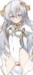  1girl ar_tonelico ar_tonelico_i blue_eyes braid breasts closed_mouth hair_ornament highres leotard long_hair looking_at_viewer nwon&#039;yo_pasun shurelia simple_background solo twin_braids very_long_hair white_background white_hair white_legwear 