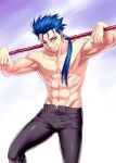  1boy black blue_hair earrings fate/zero fate_(series) jewelry lancer_(fate/zero) long_hair looking_at_viewer naughty_face pants polearm ponytail red_eyes shiny shiny_skin smile solo spear topless weapon zen 