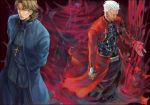  3boys akebi_miso archer brown_hair cross cross_necklace dark_skin emiya_kiritsugu fate/stay_night fate/zero fate_(series) jewelry kotomine_kirei multiple_boys necklace reflection upside-down white_hair 