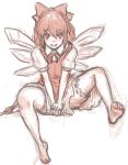  1girl barefoot between_legs bloomers blush bow cirno dress feet grin hair_bow highres kuro_suto_sukii looking_at_viewer monochrome short_hair simple_background sitting sketch smile solo touhou underwear white_background 