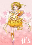  1girl boots bow brown_hair bubble_skirt choker circlet cosplay cure_muse_(yellow) cure_muse_(yellow)_(cosplay) earrings frills hair_bow heart highres hoshi_(xingspresent) jewelry knee_boots koizumi_hanayo love_live!_school_idol_project magical_girl musical_note pink_background precure ribbon short_hair skirt smile solo star suite_precure treble_clef violet_eyes yellow_skirt 