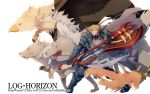  armor axe cape crusty_(log_horizon) glasses griffin hamano_makoto highres log_horizon orange_hair polearm red_eyes short_hair unicorn weapon weasel wolf 