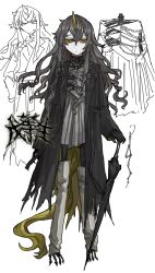  1girl barefoot black_umbrella brown_coat brown_hair chain closed_umbrella coat dress expressionless full_body grey_dress highres horns long_hair mechanical_legs mechanical_spine original simple_background single_horn sketch_inset solo standing umbrella white_background wuwuren yellow_eyes yellow_horns 