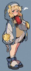  1girl androgyne_symbol black_gloves black_skirt blonde_hair blue_footwear blush bridget_(guilty_gear) closed_mouth cuffs female_focus fingerless_gloves full_body gift gloves green_eyes guilty_gear guilty_gear_strive hair_between_eyes highres hood hood_up hooded_jacket itsuka_neru jacket long_sleeves looking_at_viewer open_clothes open_jacket pleated_skirt short_hair skirt solo 