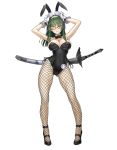  1girl absurdres animal_ears arms_up bare_shoulders blue_eyes bowtie breasts bunnysuit cleavage detached_collar fishnet_pantyhose fishnets glasses gloves green_hair highres large_breasts long_hair looking_at_viewer nakabayashi_reimei one_eye_closed pantyhose phantasy_star phantasy_star_online_2 rabbit_ears red-framed_glasses semi-rimless_glasses simple_background smile solo under-rim_glasses white_background white_gloves wrist_cuffs 