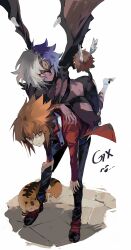  1boy 1other bent_over black_shirt blue_pants body_fur brown_fur brown_hair colored_skin copyright_name demon_wings feathered_wings full_body green_eyes grey_hair heterochromia highres jacket medium_hair multicolored_hair orange_eyes pants pharaoh_(cat) purple_hair purple_skin red_jacket shirt simple_background ss_un17 third_eye two-tone_hair white_background white_wings winged_kuriboh wings yu-gi-oh! yu-gi-oh!_gx yubel yuki_judai 