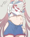  1girl akashi_(kantai_collection) cowboy_shot grey_background head_out_of_frame highres kantai_collection long_hair midriff navel pink_hair side_cutout simple_background sketch skirt solo twitter_username very_long_hair yamashina_metal 