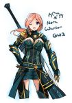  1girl ;o armor belt breasts broadsword cleavage colored fatkewell guild_wars huge_weapon one_eye_closed pauldrons pink_hair sketch violet_eyes weapon 