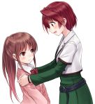  2girls akado_harue blush brown_hair commentary_request hands_on_shoulders long_hair multiple_girls open_mouth ponytail red_eyes redhead saki saki_achiga-hen short_hair smile suzushiro_yukari takakamo_shizuno 