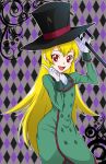  1girl blonde_hair cosplay crane crossover dokidoki!_precure eyelashes gloves grie happinesscharge_precure! happy hat highres long_hair looking_at_viewer namakeruda namakeruda_(cosplay) open_mouth precure red_eyes regina_(dokidoki!_precure) smile solo standing top_hat white_gloves 