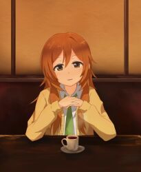 1girl blonde_hair food green_eyes green_necktie green_neckwear kirara_fantasia koufuku_graffiti long_hair looking_at_viewer school_uniform shiina_(koufuku_graffiti) uniform white_shirt yellow_shirt