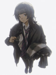  1girl absurdres black_eyes black_hair black_jacket black_necktie black_pants collared_shirt commentary diagonal-striped_clothes diagonal-striped_necktie grey_scarf highres holding holding_scarf holding_unworn_clothes jacket long_hair looking_at_viewer mole mole_under_eye necktie original pants scarf shirt simple_background solo standing striped_clothes symbol-only_commentary wang-xi white_background white_shirt 