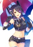  1girl alternate_costume black_hair blush breasts brown_eyes detached_sleeves eyepatch fang gloves headgear highres horosuke_(toot08) kantai_collection large_breasts looking_at_viewer midriff navel open_mouth racequeen short_hair smile solo tenryuu_(kantai_collection) thigh-highs umbrella 