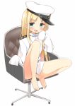  1girl :d aqua_eyes bare_legs barefoot blonde_hair blush chair chin_rest fang female_admiral_(kantai_collection) hat kantai_collection little_girl_admiral_(kantai_collection) long_hair looking_at_viewer military military_uniform open_mouth peaked_cap shima_(shima_je) sitting sleeves_past_wrists smile solo twitter_username uniform 