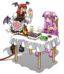  2girls alcohol barbecue bat_wings beer chair chopsticks crescent_hair_ornament dupp_akiru fang food glass glasses hair_ornament hat head_wings koakuma meat multiple_girls pantyhose patchouli_knowledge plate rice_bowl salad sauce simple_background steak table touhou wings wire 
