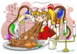  1girl candle candlestand chair cup dupp_akiru eating flandre_scarlet food fork hat potato side_ponytail solo steak touhou wings 