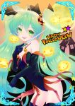  1girl ahoge alternate_costume bare_shoulders black_gloves elbow_gloves fang full_moon gloves green_eyes green_hair halloween happy_halloween hatsune_miku highres jack-o&#039;-lantern kyo_(kyo21413) long_hair looking_at_viewer moon pumpkin revision smile solo thigh-highs twintails very_long_hair vocaloid 