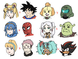  6+boys 6+girls animal_crossing assault_visor bald bishoujo_senshi_sailor_moon black_eyes black_fur black_hair blonde_hair blue_eyes blue_hair brazilian_miku cinderella cinderella_(disney) closed_mouth colored_skin commentary_request crossover dark-skinned_female dark_skin doom_(series) doomguy double_bun dragon_ball dragon_ball_z earrings eyewear_on_head fire_emblem fire_emblem_awakening frieren furry furry_female furry_male green_skin hair_between_eyes hair_bun hairband hatsune_miku heart helmet highres isabelle_(animal_crossing) jewelry jujutsu_kaisen lucina_(fire_emblem) marvel mask multiple_boys multiple_girls open_mouth partial_commentary pink_hair pointy_ears red_eyes ryoumen_sukuna_(jujutsu_kaisen) sailor_moon shadow_the_hedgehog shrek shrek_(series) smile son_goku sonic_(series) sousou_no_frieren spider-man spider-man_(series) spiky_hair sunglasses teeth tenten_(chan4545) tiara tsukino_usagi twintails upper_body upper_teeth_only vocaloid white_background white_hair 