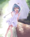  1girl aoi_tori aqua_eyes barefoot blue_hair highres hoodie original rain short_hair skirt sleeveless smile solo 