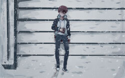  1boy blade_runner blade_runner_2049 blood blood_on_clothes blood_on_face blood_on_ground blood_on_hands blood_splatter coat cold corpse dark emiya_shirou fate/stay_night fate_(series) highres igote indoors jacket_black_and_white on_floor orange_hair outdoors pool_of_blood raglan_sleeves redhead shokobr snow snowing stairs 