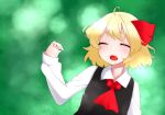  1girl ahoge ascot blonde_hair bow bust closed_eyes collared_shirt drooling fang grass hair_bow kameyan lying open_mouth rumia short_hair sleeping solo touhou vest 